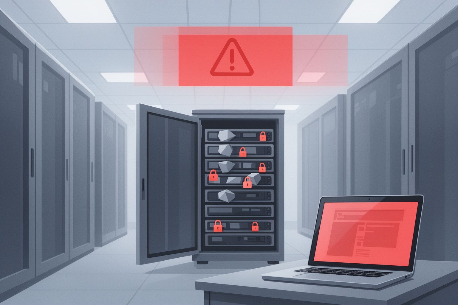 Illustrazione AI: Illustrazione AI di un rack server cloud con unità di storage parzialmente bloccate da lucchetti, un banner di avviso rosso sopra il rack, e un laptop con console di gestione disabilitata in primo piano.