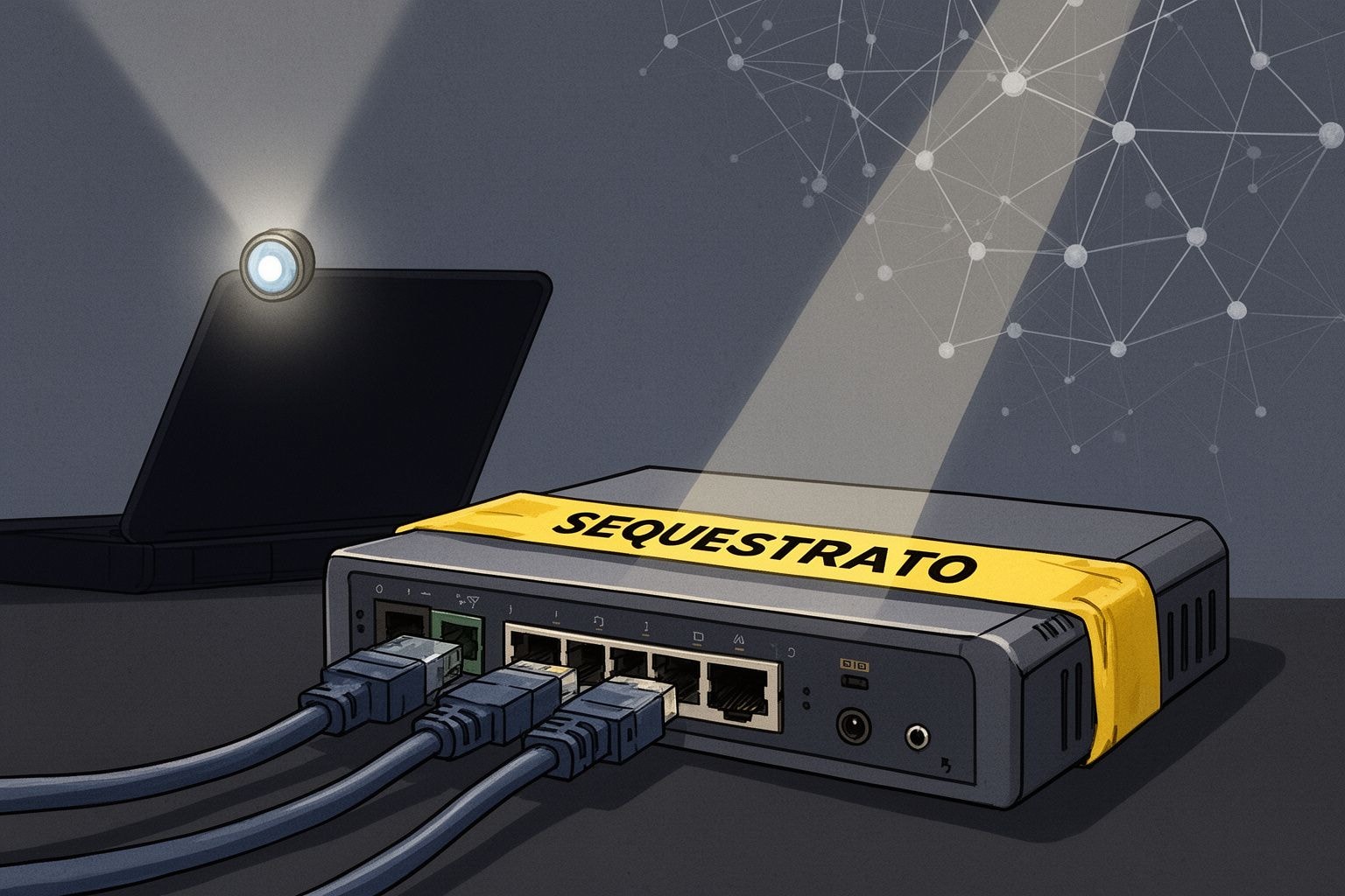 Illustrazione AI: Illustrazione AI di un router di rete con cavi Ethernet, avvolto da un nastro adesivo con la scritta 'SEQUESTRATO'. Sullo sfondo, un portatile con webcam illuminata e una rete stilizzata di nodi.